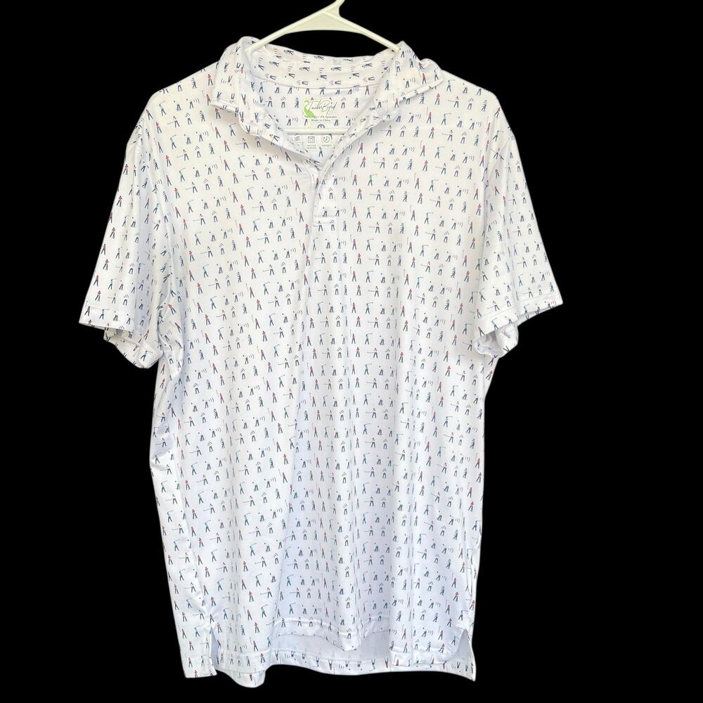 TailorByrd Polo‎ Shirt Mens Medium White Golf Print Performance Quick Dry SPF 30